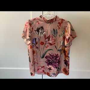 Jcrew Floral Mock Neck Short Sleeve Blouse